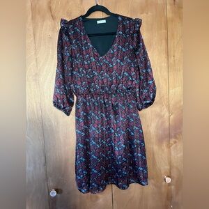 Elegant Burgundy Floral Long Sleeve Dress